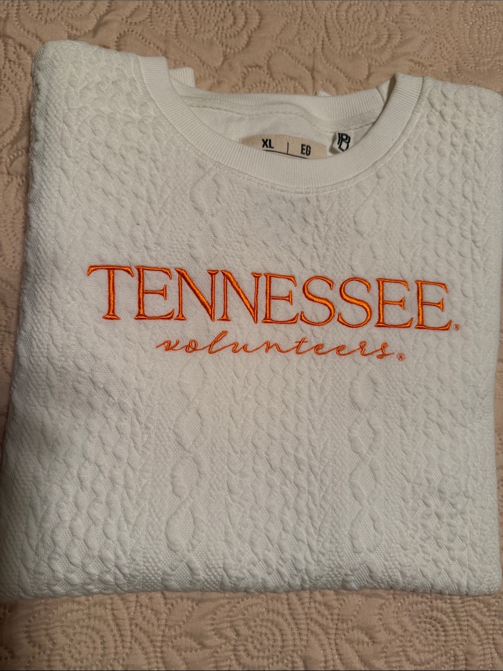 Pressbox White Cable-Knit Crewneck with Orange Tennessee Embroidery